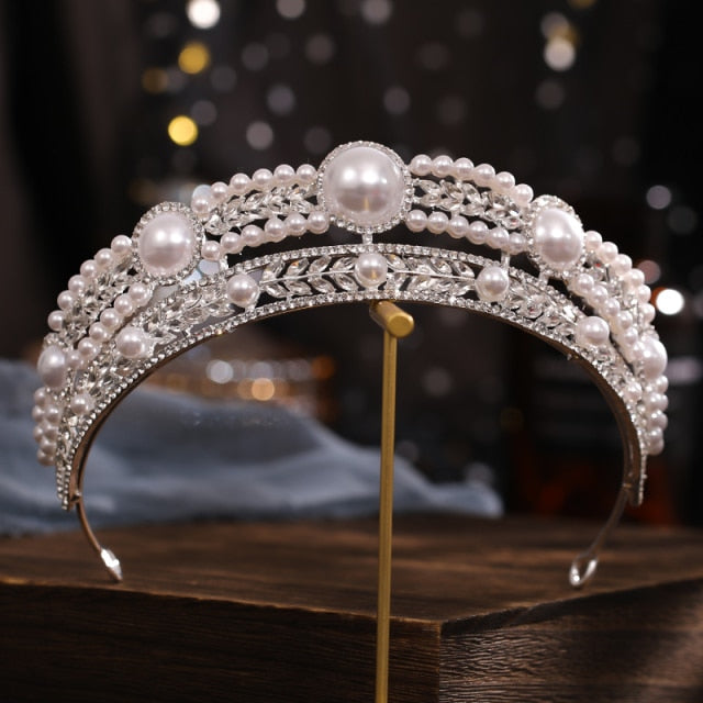 Vintage Baroque Silver Color Pearl Queen Princess Tiara Crown